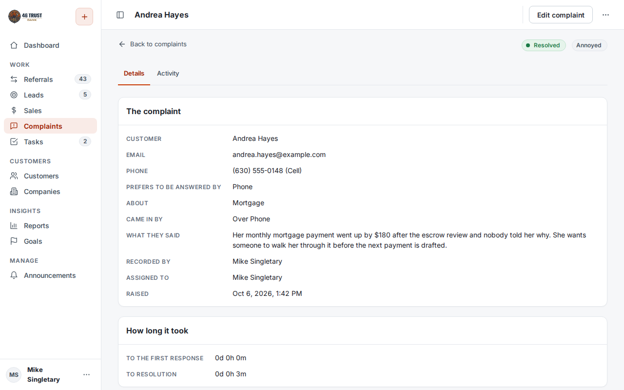 Complaint detail with response and resolution times