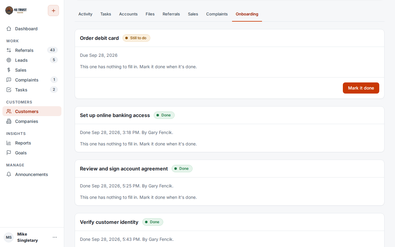 A customer's onboarding steps, done and still to do, with due dates