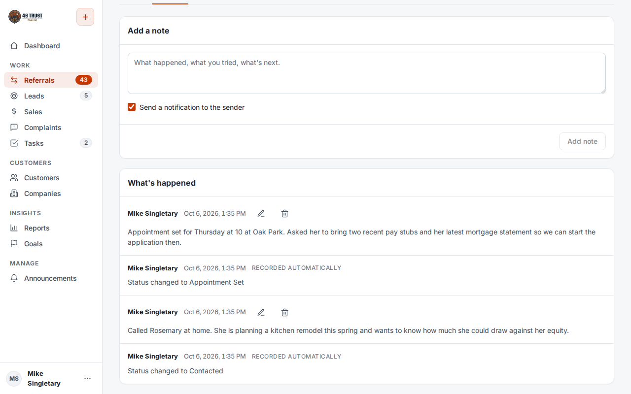 A referral's activity: the loan officer's notes and each status change