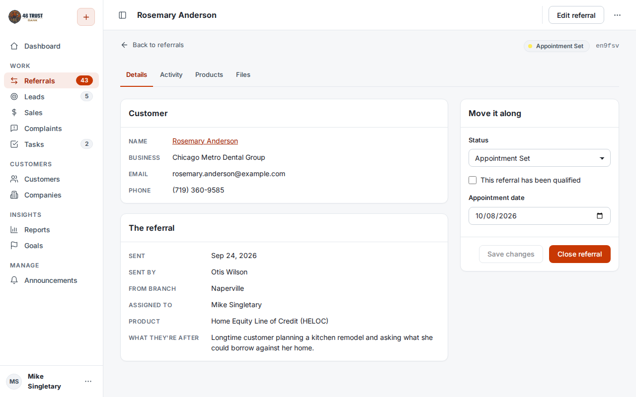 Referral record with the customer, the referral and its status, qualified box and appointment date